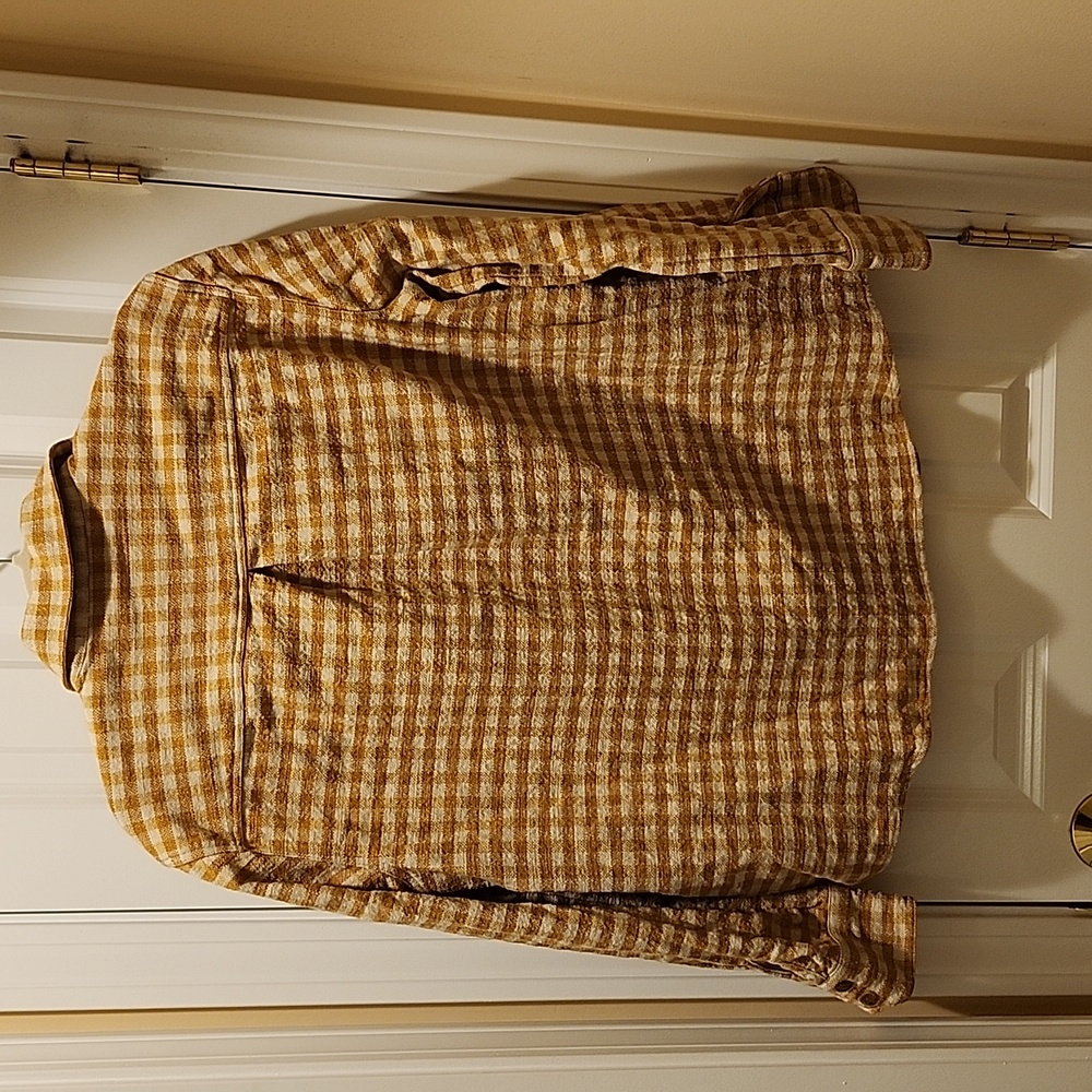 SEZANE EURIELLE Shirt Ochre Ecru Gingham Checks Organic cotton + linen | Size 6 - Picture 3 of 9